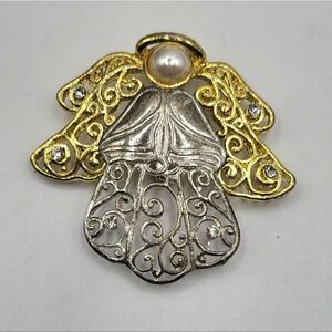 "5/$25" Two Tone Silver & Gold Faux Pearl Halo Angel Brooch